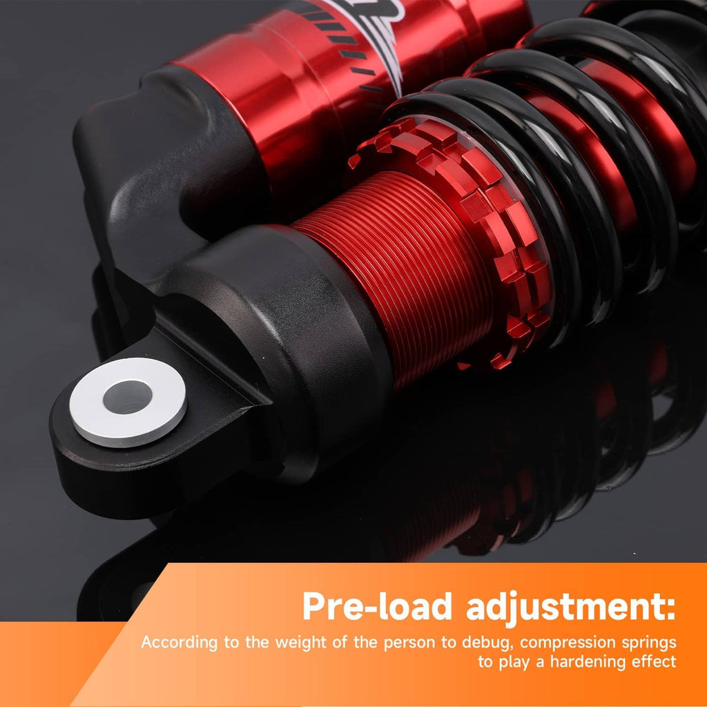 Red-and-black coil air shock absorber with side damping knob and top mounting eye