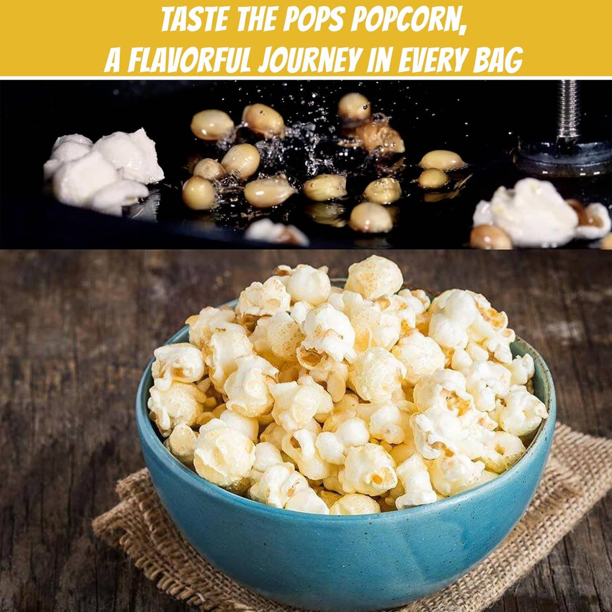 Blue bowl filled with popped popcorn on burlap over a wooden table