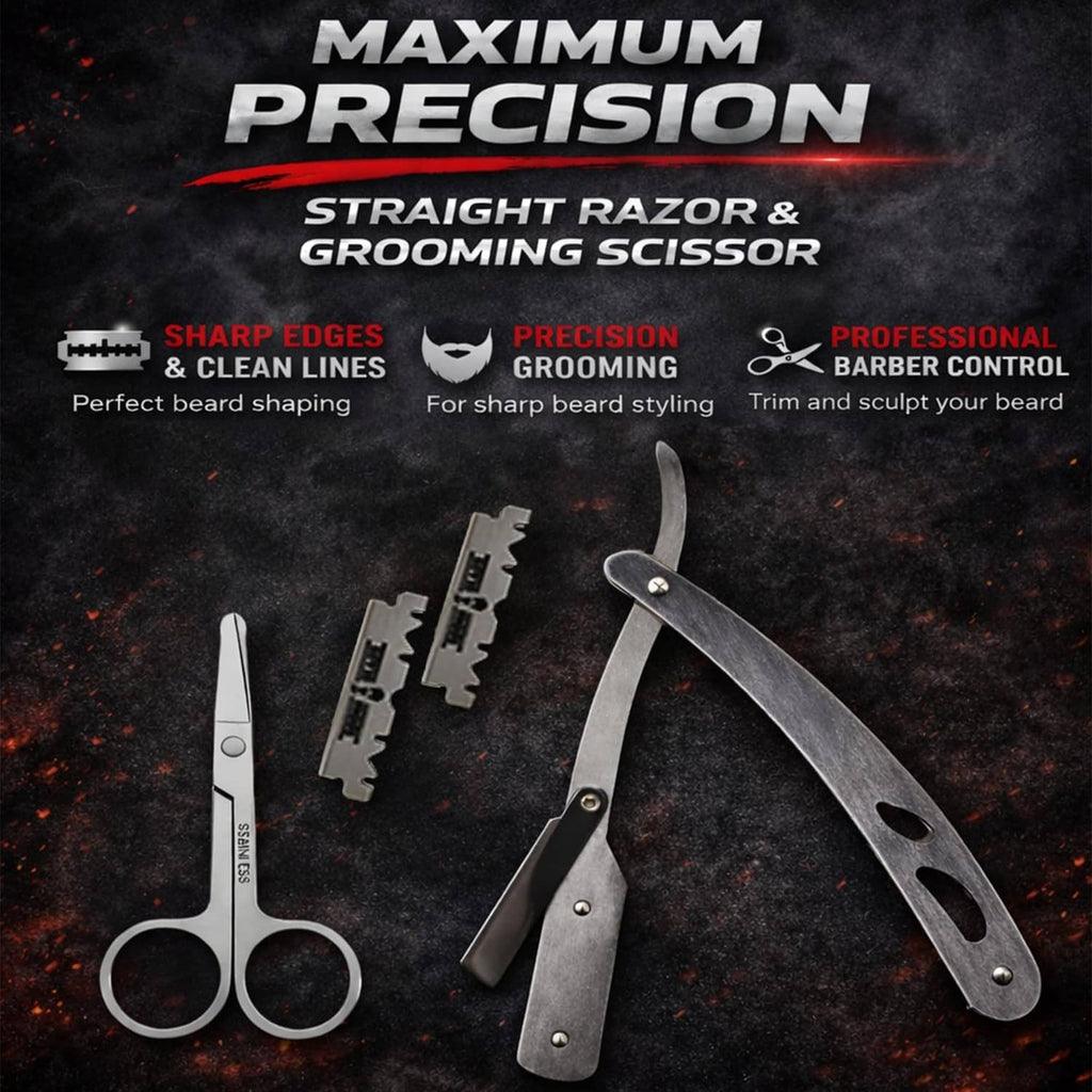 Beard grooming tools set with straight razor and comb attachments