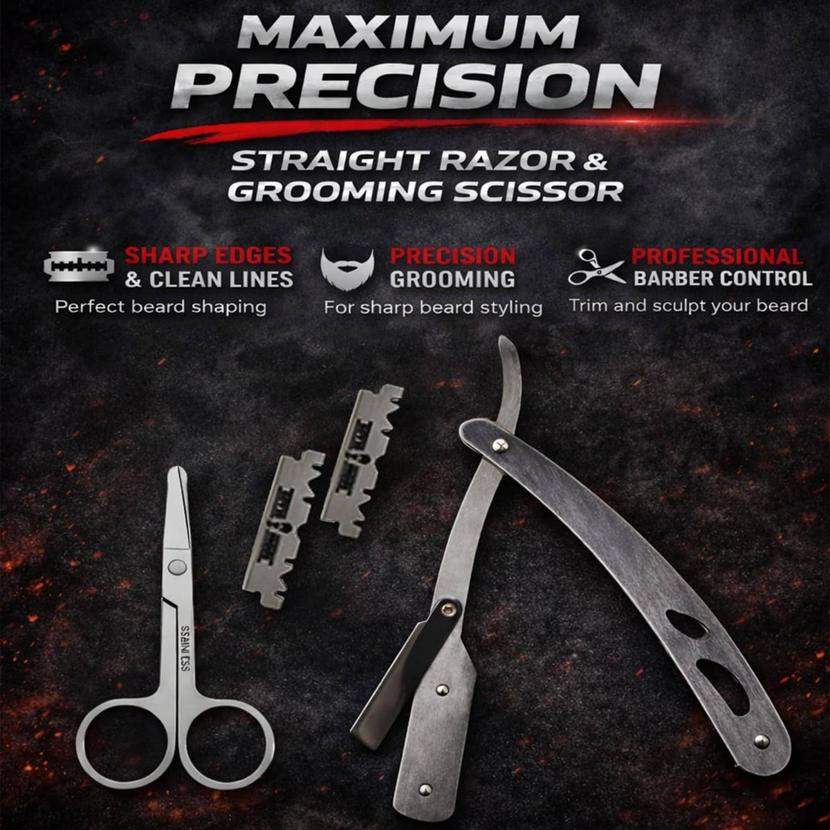 Beard grooming tools set with straight razor and comb attachments