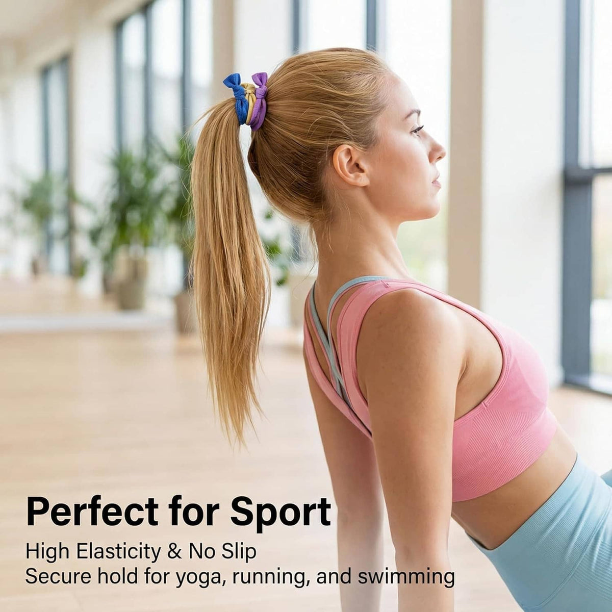 Knotted ribbon elastic hair tie securing a ponytail on a woman