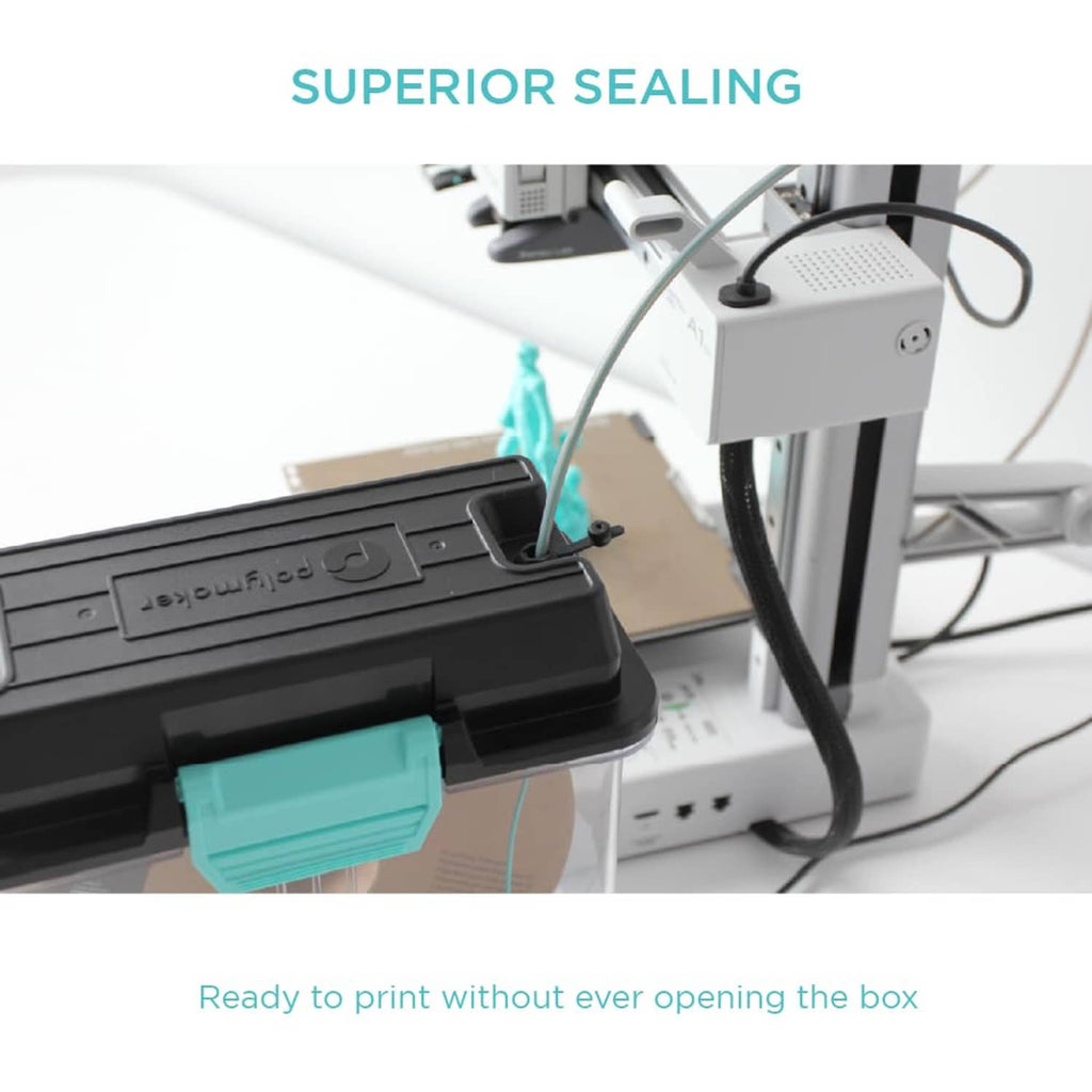 3D filament drying box lid with turquoise sealing slot and front locking latch