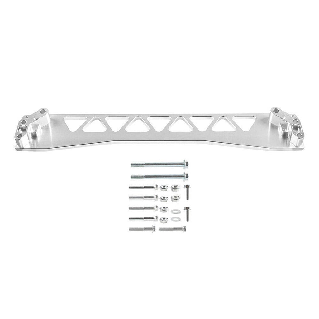 Silver subframe brace tie bar with triangular cutouts and included bolt set