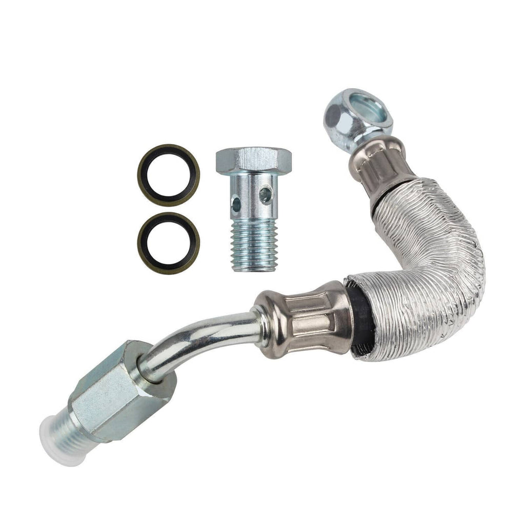 Coolant return hose line with hose cover, O-rings, and threaded adapter