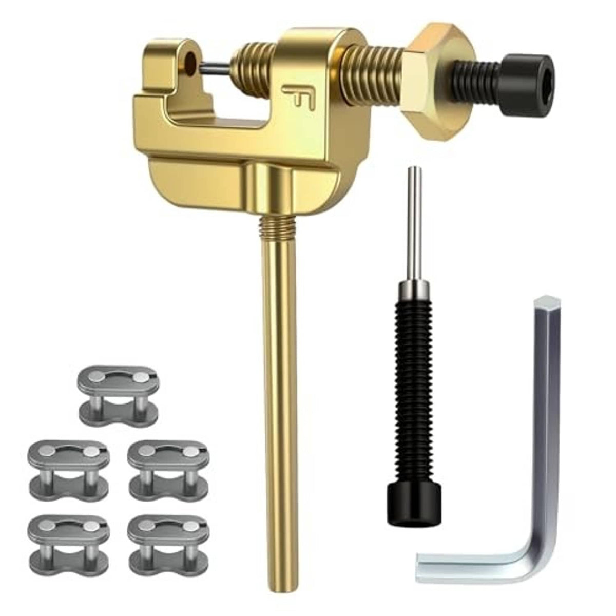 Motorcycle chain breaker tool with gold handle, hex wrench, and chain link pin pieces