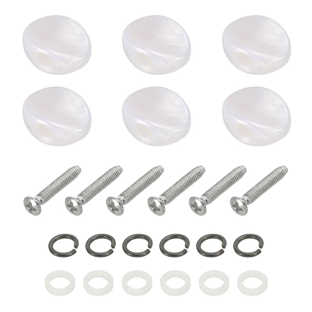 White oval guitar tuning peg buttons with screws, metal rings, and white plastic washers