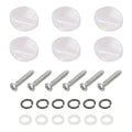 White oval guitar tuning peg buttons with screws, metal rings, and white plastic washers