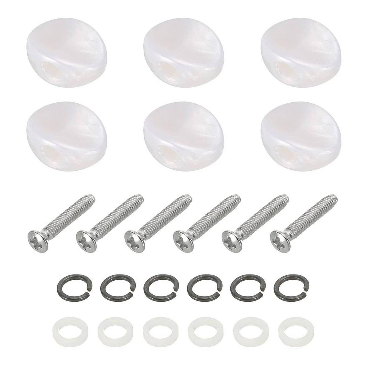 White oval guitar tuning peg buttons with screws, metal rings, and white plastic washers