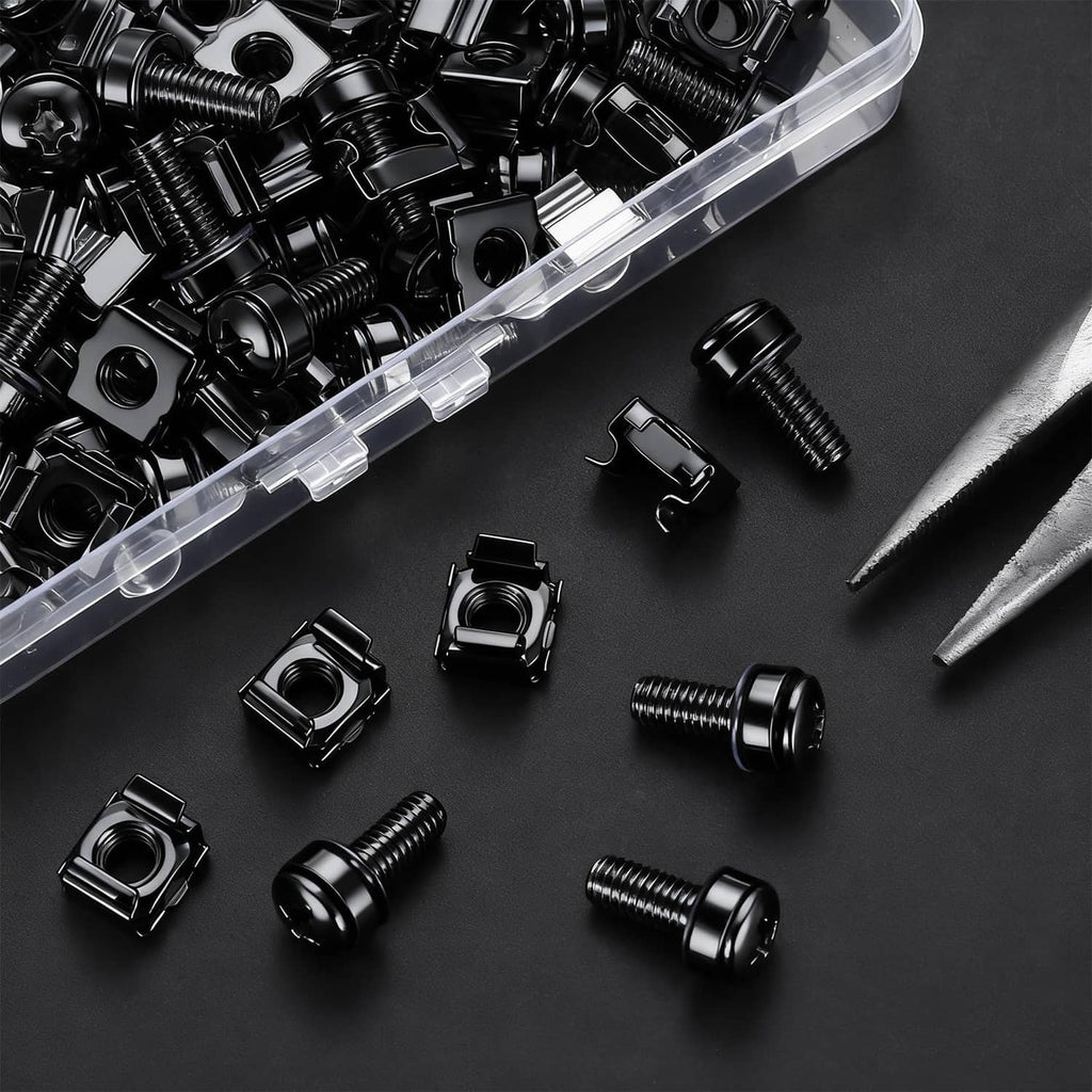 Close-up of black rack mount screws and cage nuts in clear plastic tray