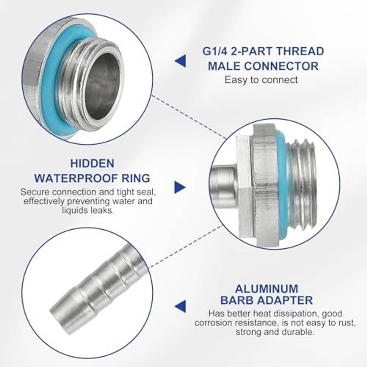 Aluminum barbed hose adapter with blue O-ring seal and male G1/4 thread, 5mm