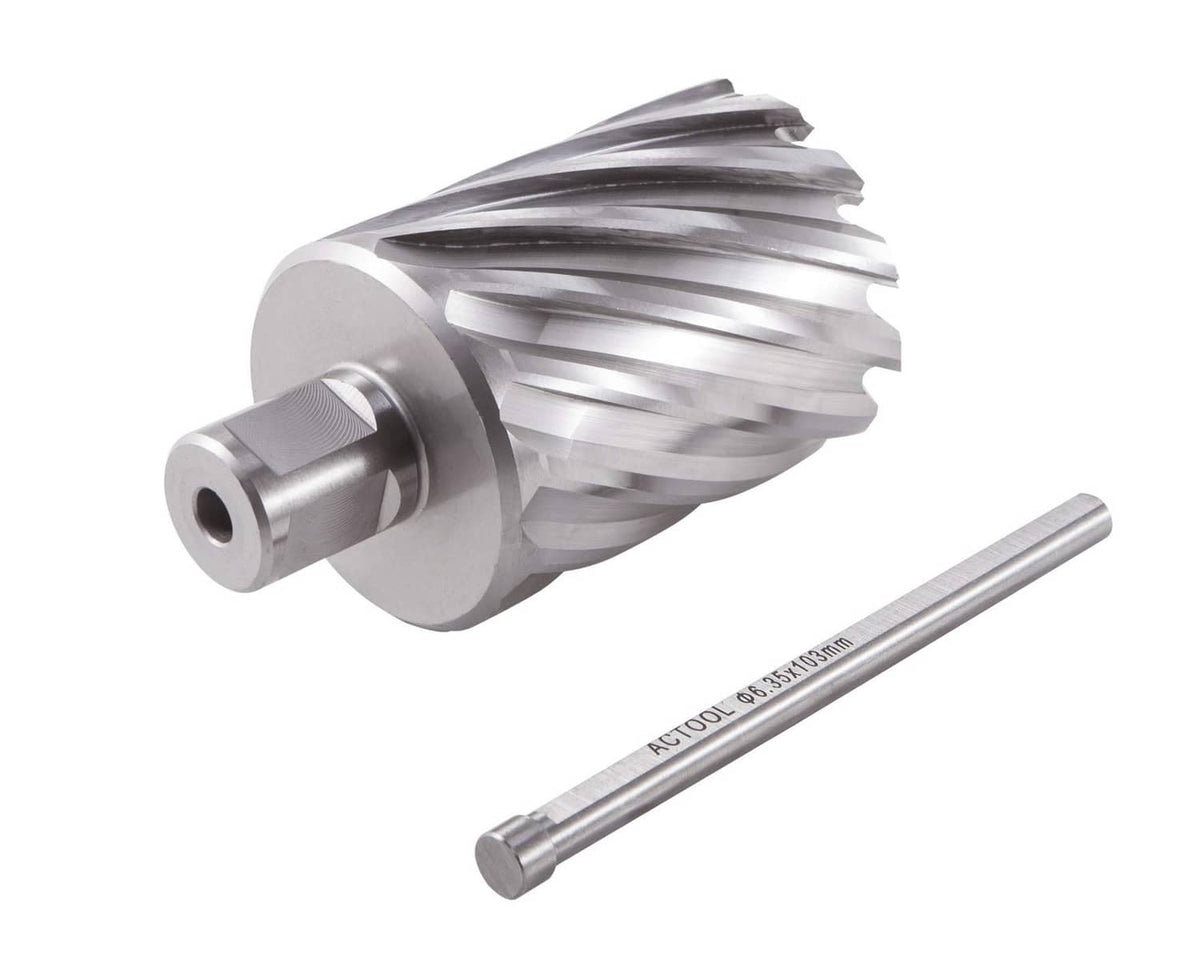 HSS annular cutter and guide rod, silver fluted head with side mounting hole