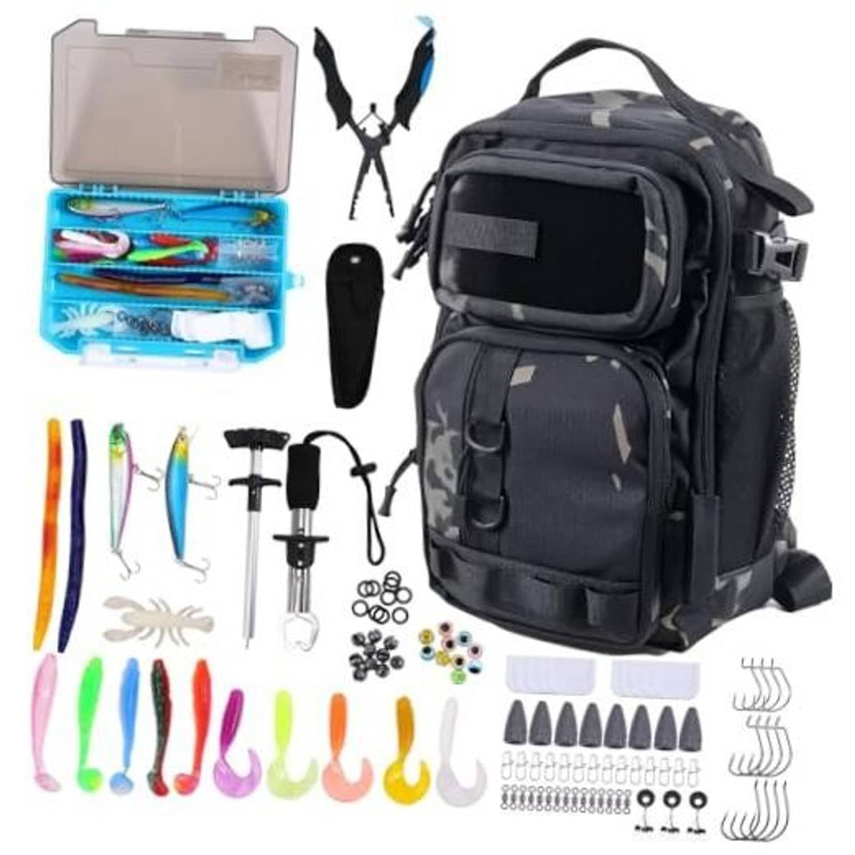 Black camouflage fishing tackle backpack with front organizer pouch and handle