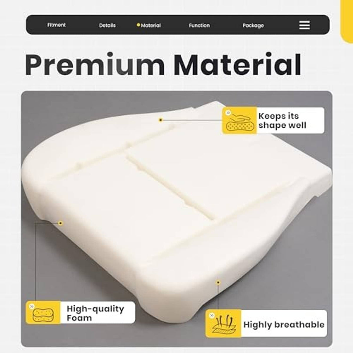 White seat cushion with cross-shaped top grooves, thick contoured foam base