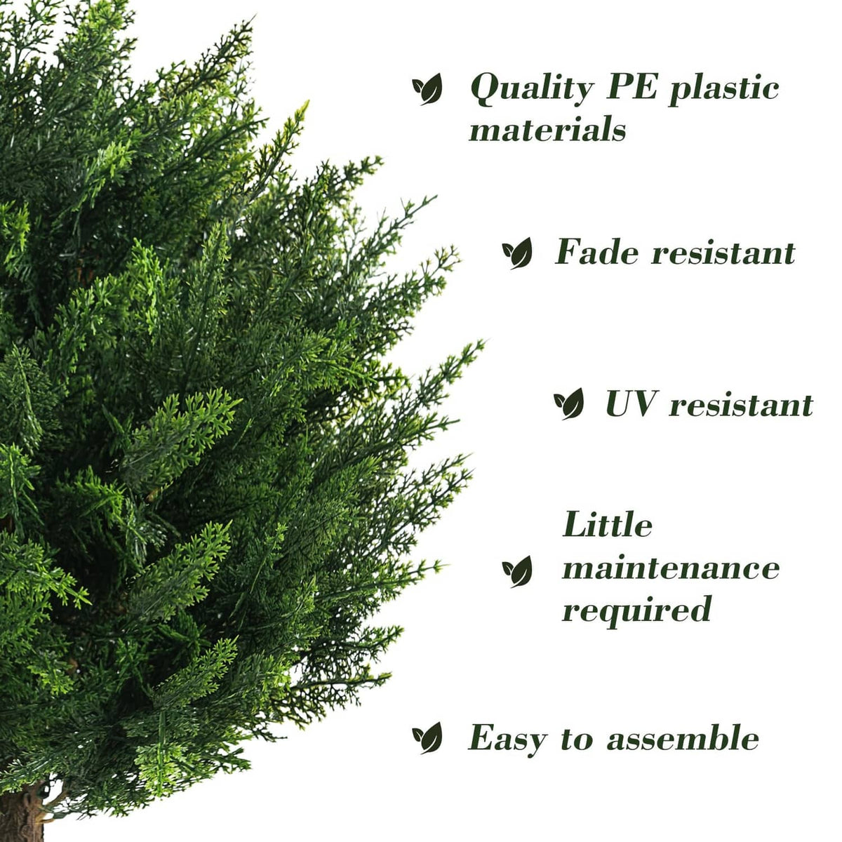 Close-up of green artificial cedar foliage on a ball topiary tree