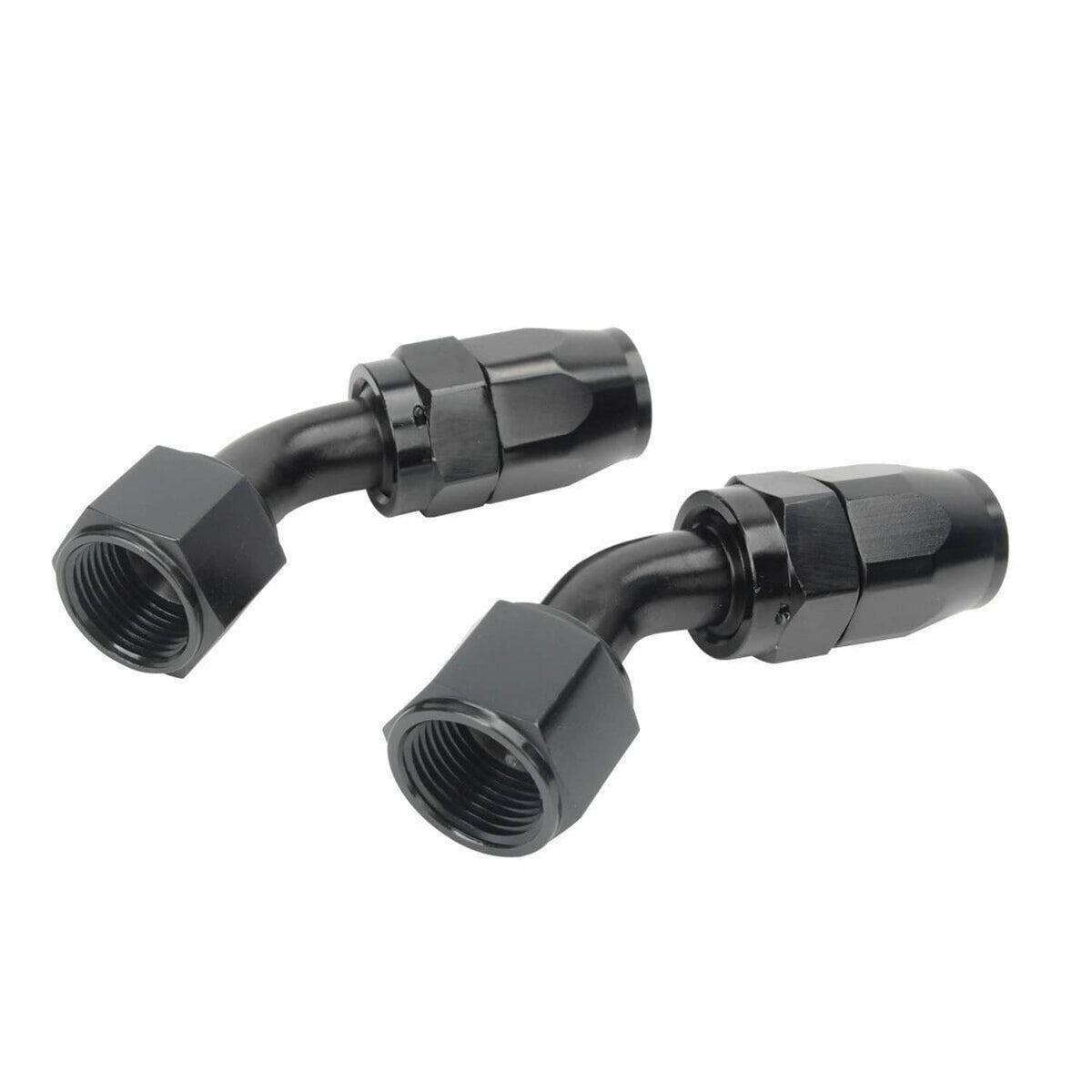 Set of black AN oil line hose fittings with curved adapters and threaded ends