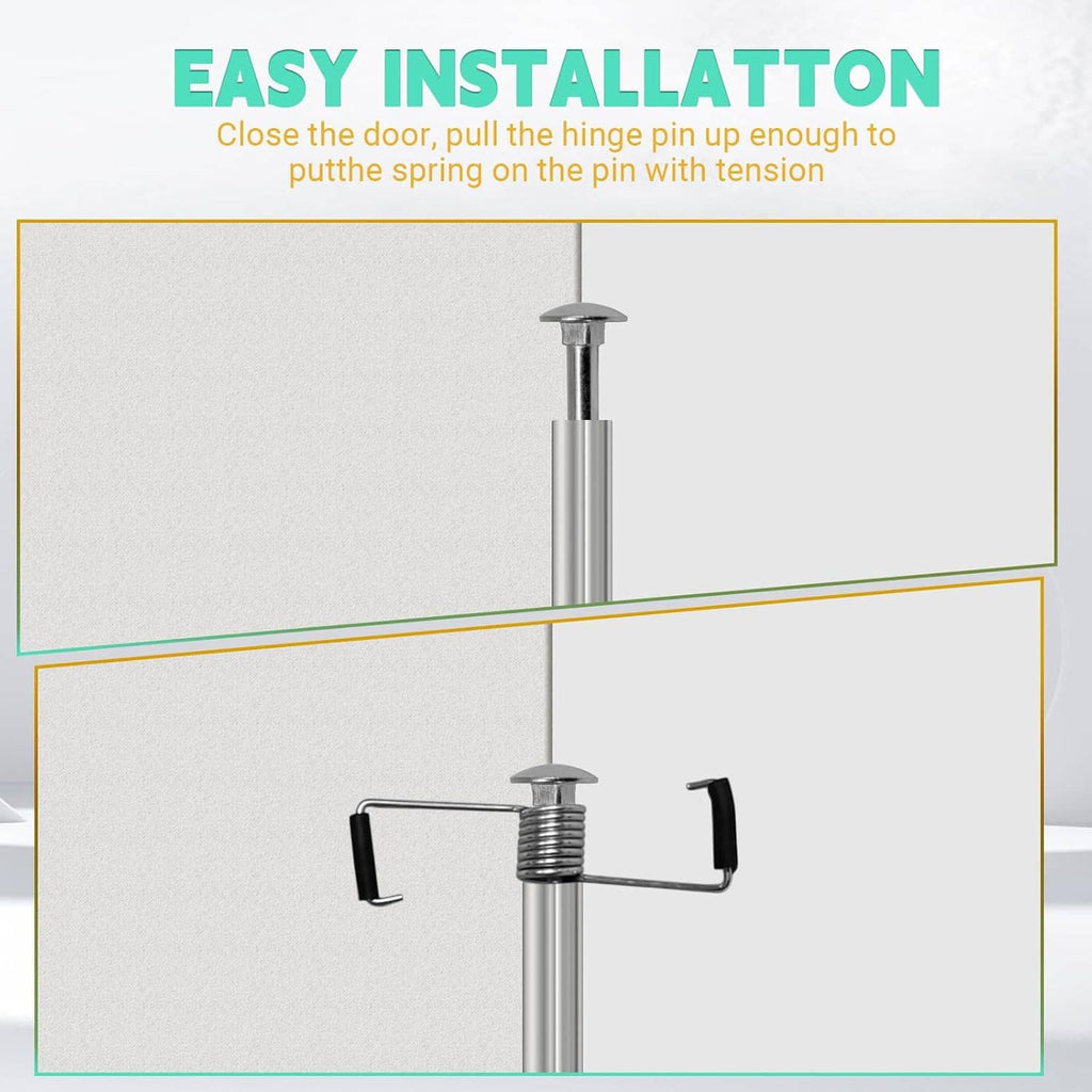 Spring door closer installation showing spring hinge pin and black rubber arms