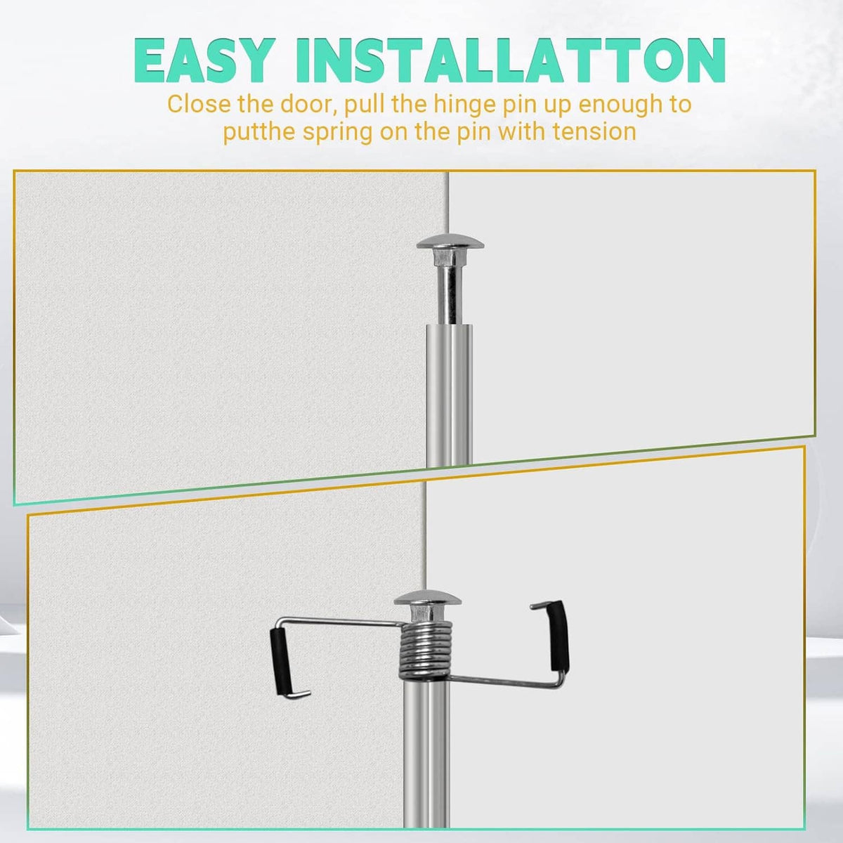 Spring door closer installation showing spring hinge pin and black rubber arms