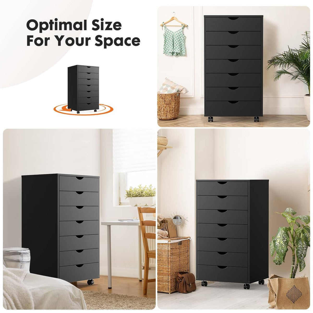 Black 7-drawer file cabinet on wheels shown in multiple room angles