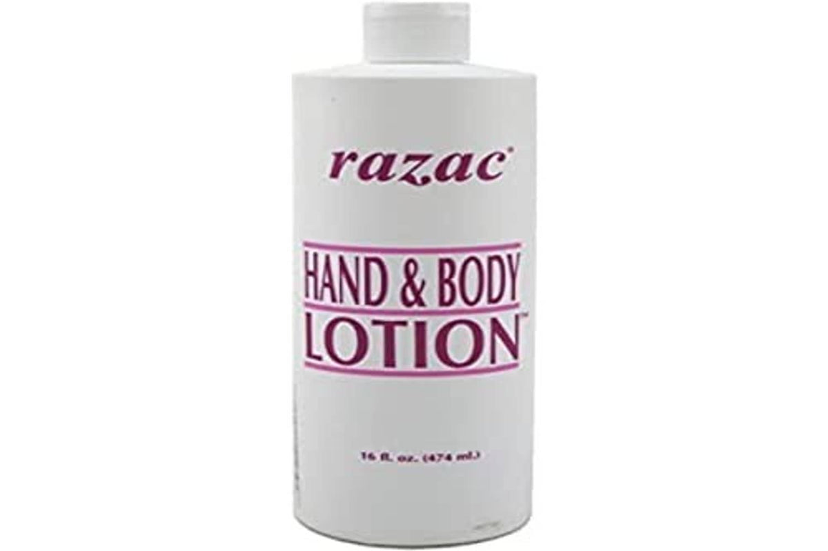 Razac hand & body lotion bottle, 16 fl oz, white with purple label