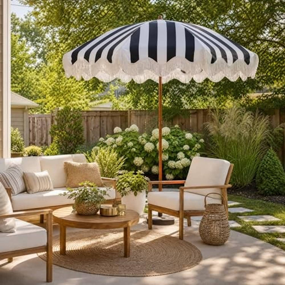 Black-and-white striped patio umbrella with white fringe and wooden pole