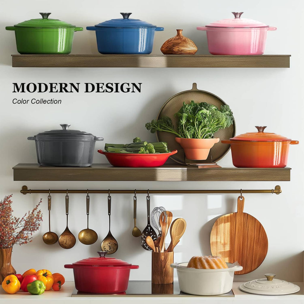 Enameled cast iron Dutch ovens in assorted colors with lids on wall shelf