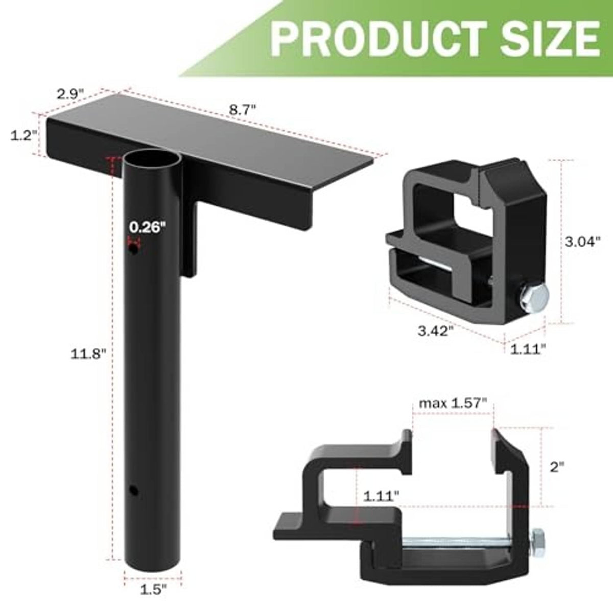 Flag pole mount holder size view with black vertical tube and clamp bracket