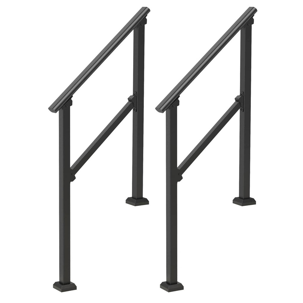 Pair of black carbon steel stair handrails with diagonal braces and posts
