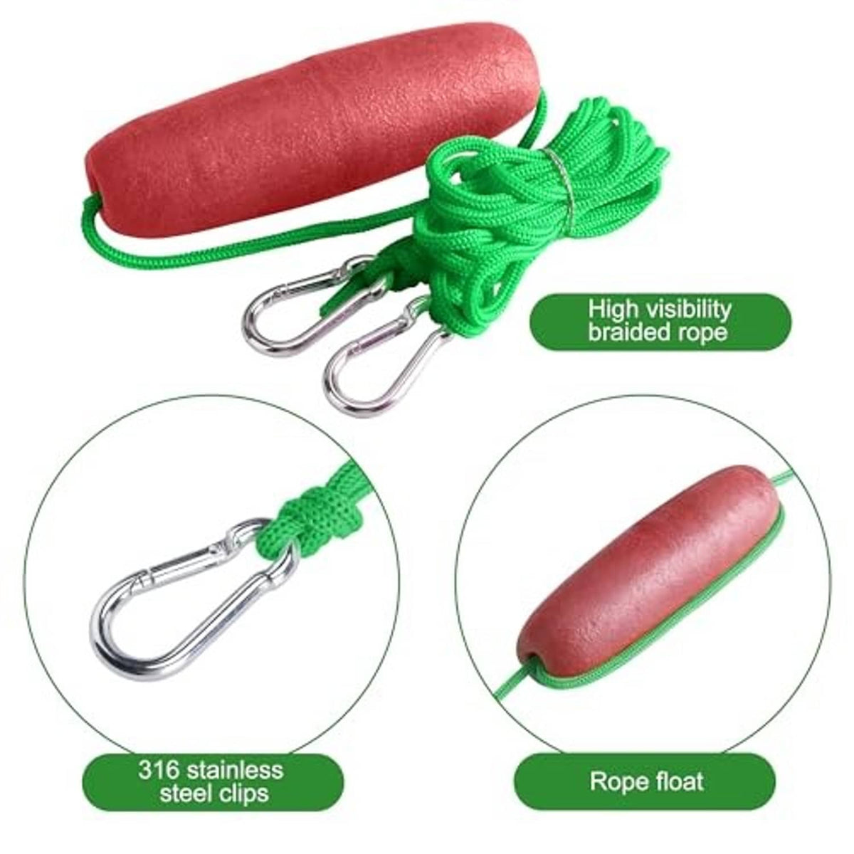 Green braided rope with red float and stainless steel clips