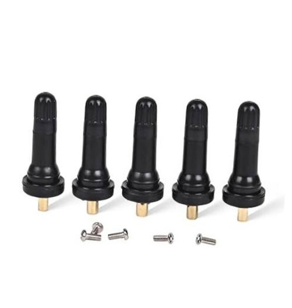 Set of 5 black snap-in tire valve stems with brass cores and mounting screws