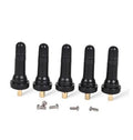 Set of 5 black snap-in tire valve stems with brass cores and mounting screws