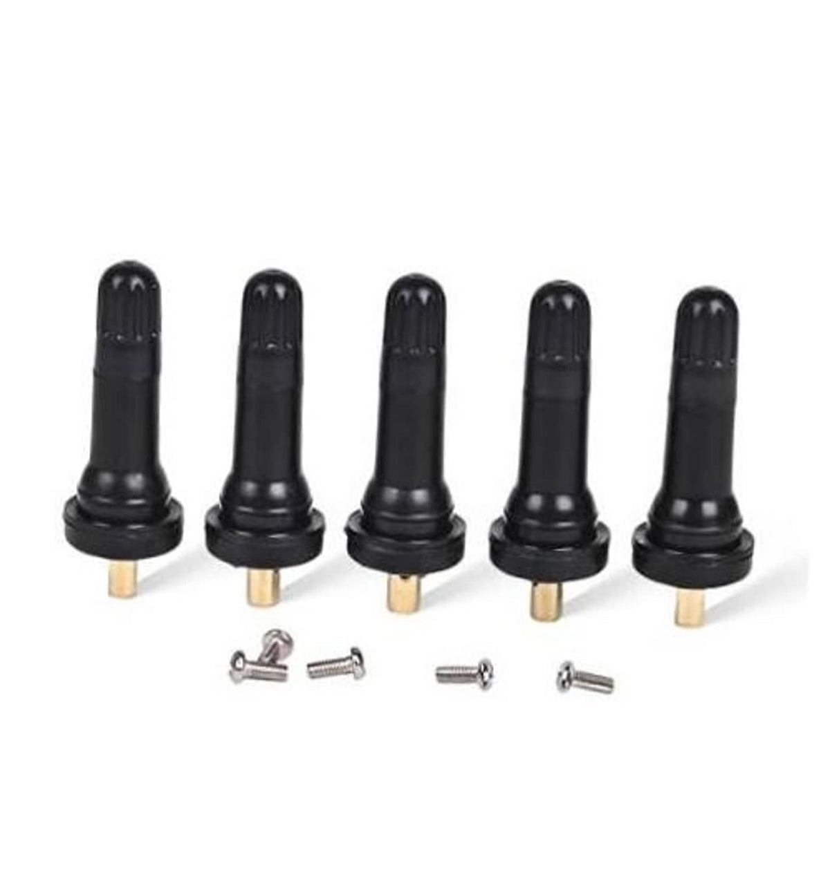 Set of 5 black snap-in tire valve stems with brass cores and mounting screws