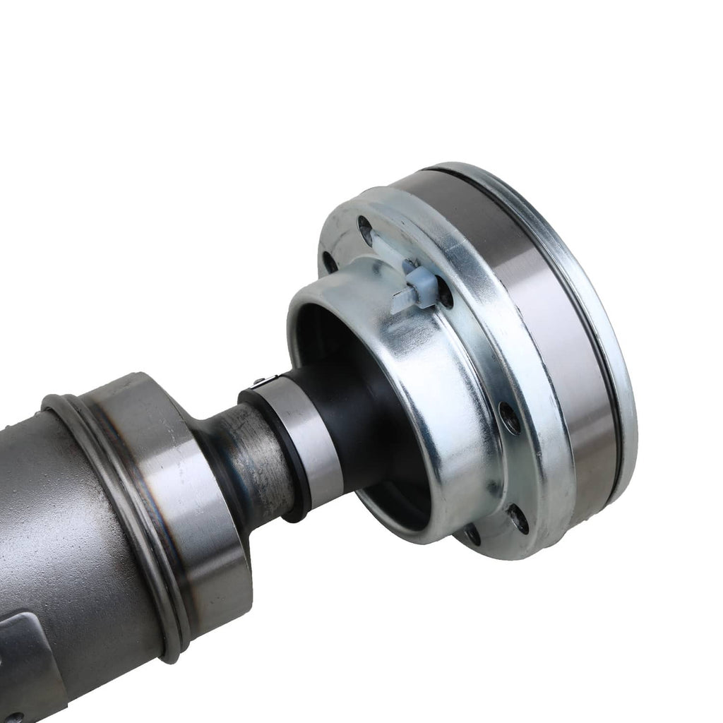 Front driveshaft end with circular metal hub and rubber boot connection, silver and black