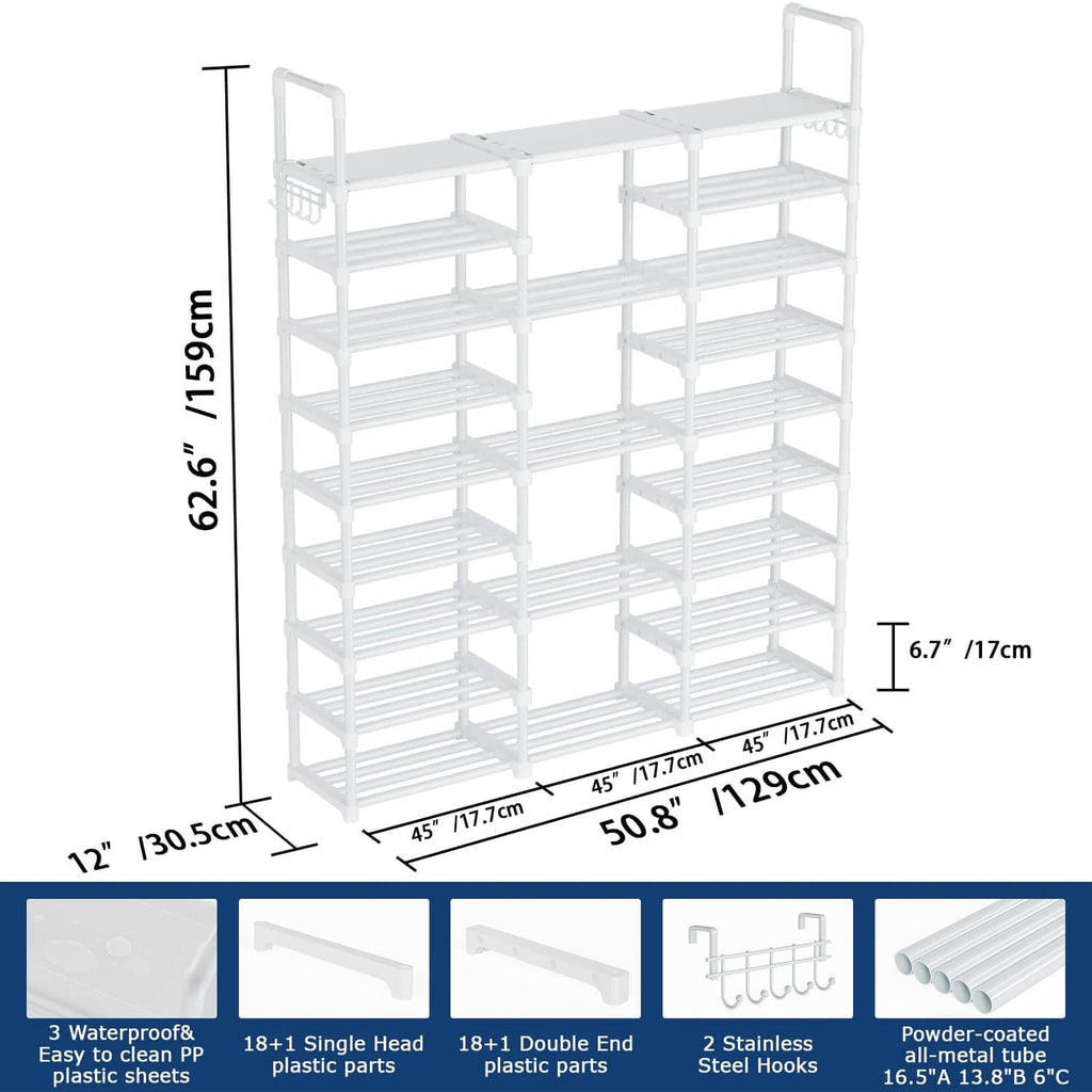 White 9-tier shoe rack organizer with tier layout and size dimensions shown