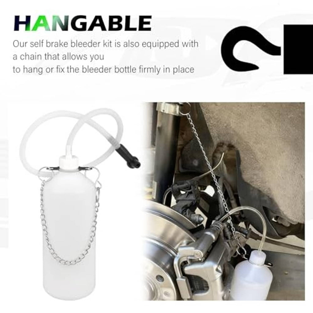 Hangable brake bleeder bottle kit with white bottle and chain for securing under a car
