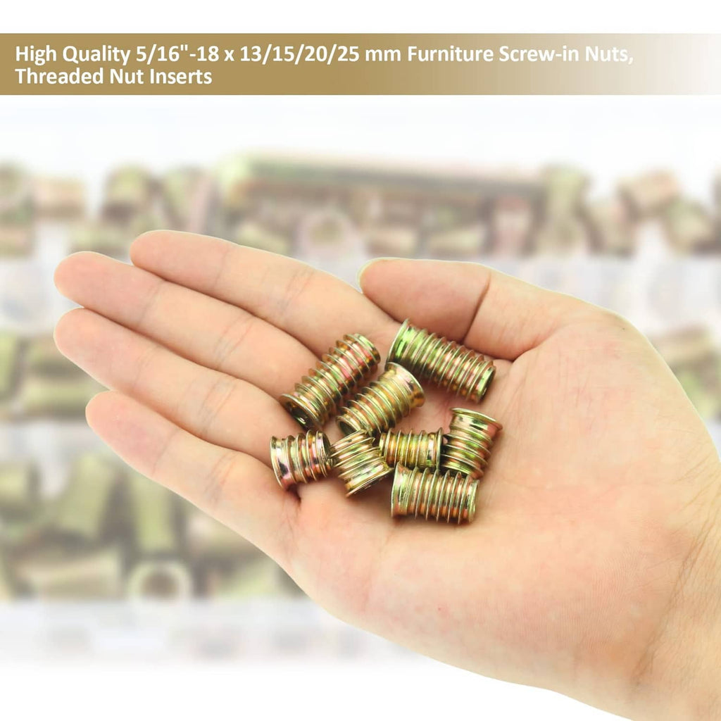 Zinc-plated threaded nut inserts held in open palm for 5/16-18 size