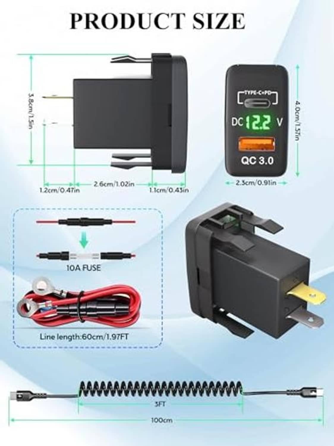 Dual USB car charger with size guide, Type-C PD and QC 3.0 ports