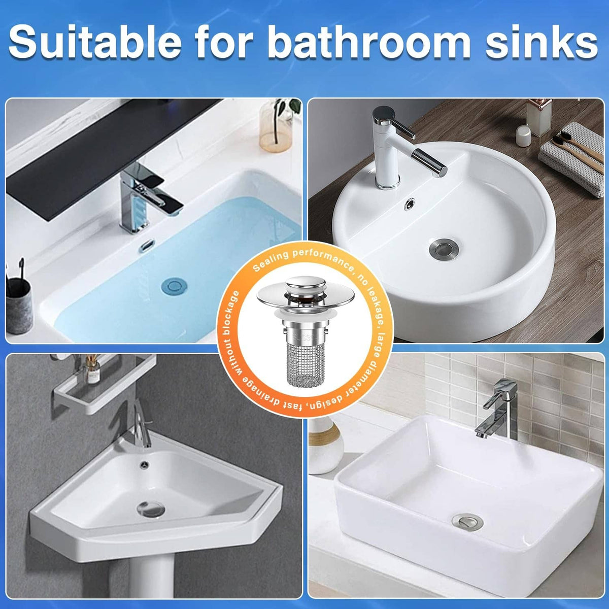 Bathroom sink drain hair catcher strainer shown installed in a sink