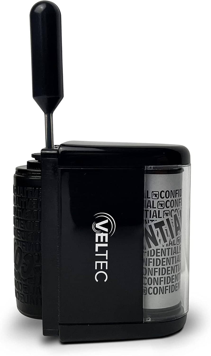 Black VELTEC ink roller stamp with handle and ink pad base