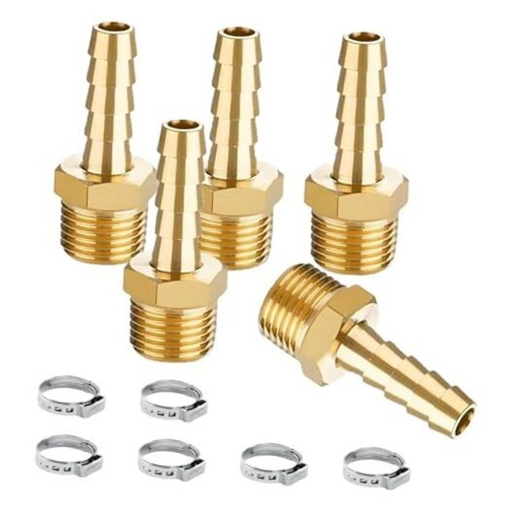 Brass hose barb fitting set, 1/2" NPT male to 1/4" barb with O-ring clips