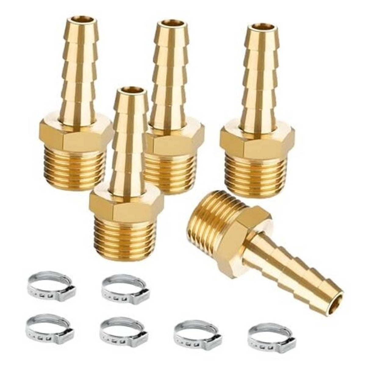 Brass hose barb fitting set, 1/2" NPT male to 1/4" barb with O-ring clips