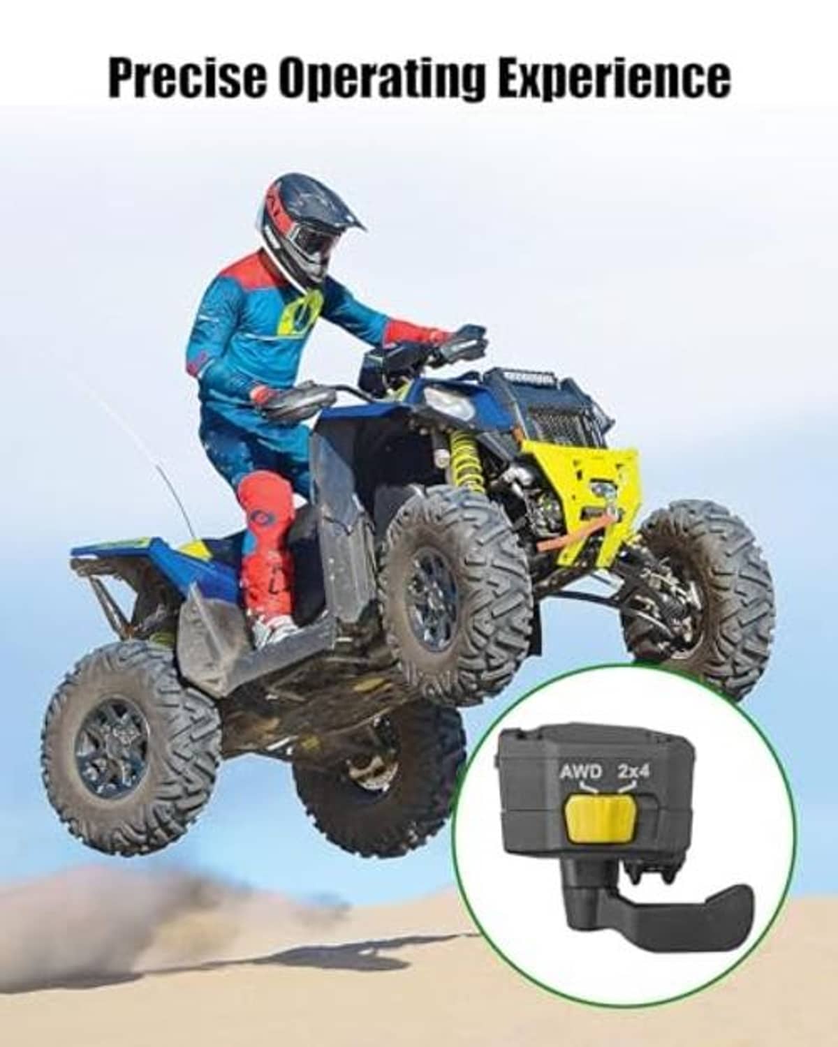 Black thumb throttle control lever assembly with yellow thumb switch, shown in inset