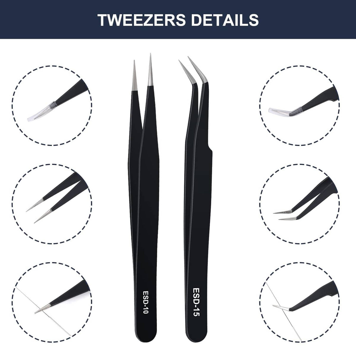 Black precision tweezers with pointed tips for handling small nozzle parts