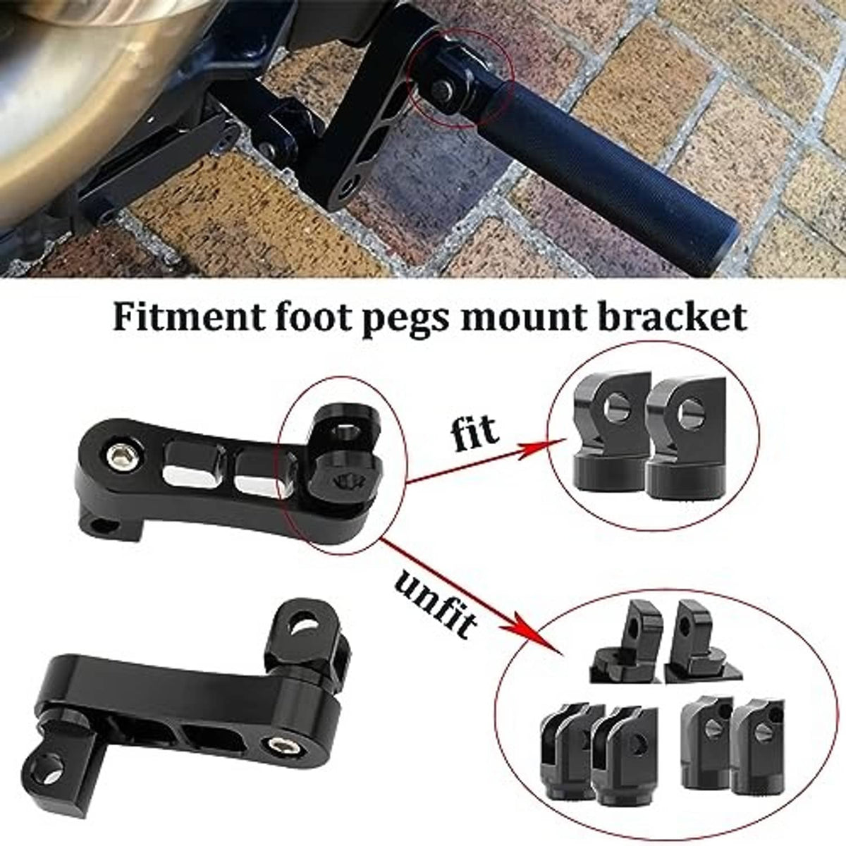Black foot peg mount bracket with hardware, designed for 2 1/4 in highway pegs