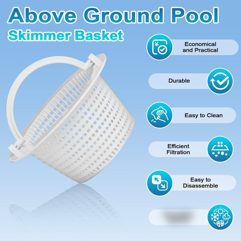 White above-ground pool skimmer basket with curved handle and fine mesh basket