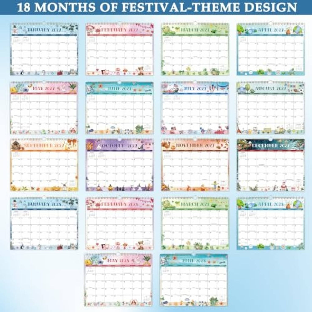 Set of 18 month festival-themed wall calendar pages arranged in a grid