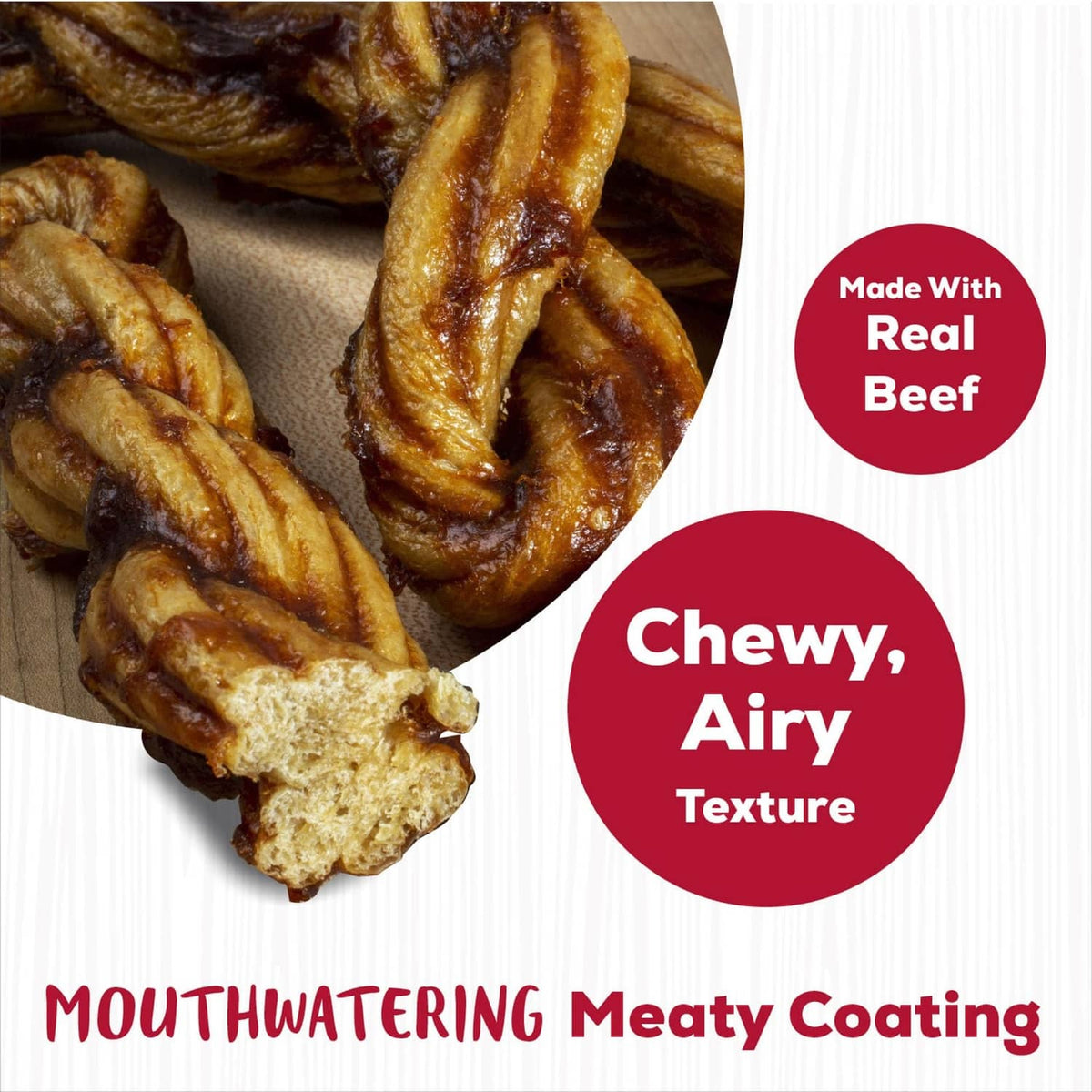 Rolled rawhide-free beef dog chew twists, textured and twisted