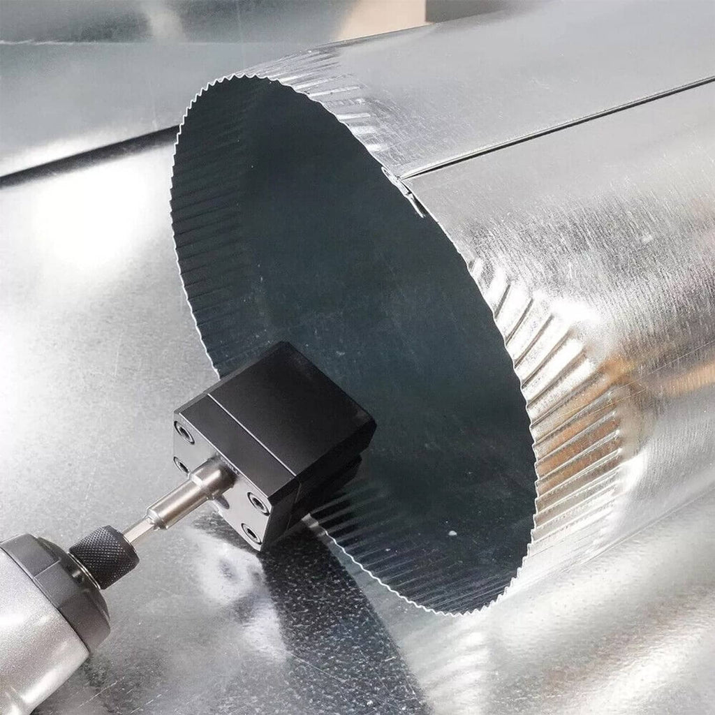 Black crimper cutting wheel style head crimping on corrugated metal sheet