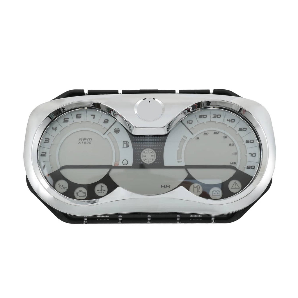 LCD speedometer gauge cluster with silver face and twin circular dials