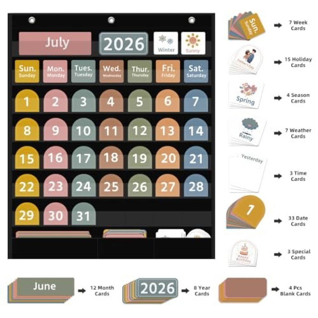 Black calendar pocket chart with 7-week, 15-holiday, and weather card pocket set