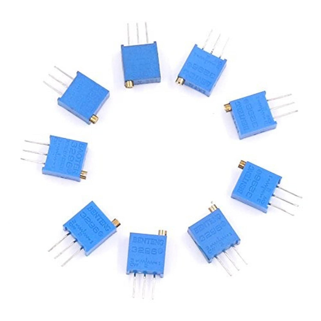 Blue multiturn trimmer potentiometers with 3-pin leads, shown from above
